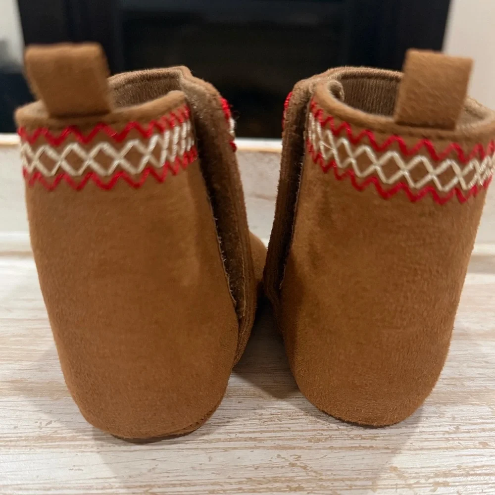 Avalanche Brown Suede Baby Boots with Red Trim (Size 6-9 months)